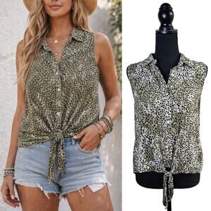 Peace & Pearls Sleeveless Blouse Medium Olive Leopard Tie Front Boho Festival